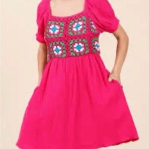 Jodifl pink crochet mini square gauze smocked bodice mini dress puff sleeve L